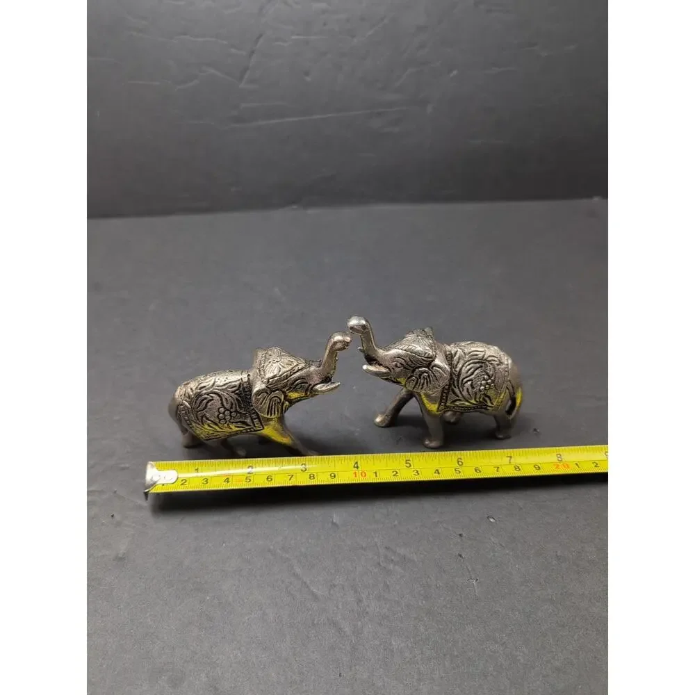 Lot Of 2 India Metal Elephants Hand Carved Collectible Trunks UpFigures 4
